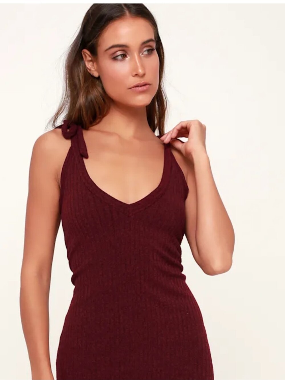 Lulus Tie-Shoulder Ribbed Knit Burgundy Dress Size M NWOT - Picture 3 of 4
